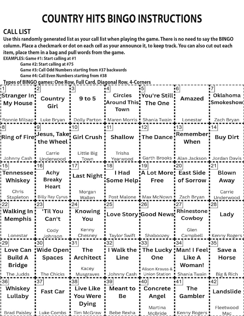 May include: A bingo card with a black and white design, titled "COUNTRY HITS BINGO INSTRUCTIONS". The card is a grid of squares, each containing country music song titles and artist names. Instructions are also provided.