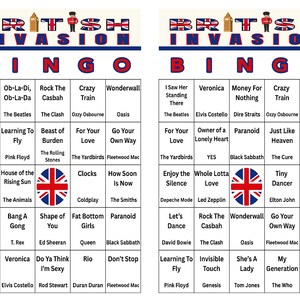Puede incluir: Dos cartones de bingo de la Invasi&oacute;n Brit&aacute;nica con t&iacute;tulos de canciones y nombres de artistas. Las tarjetas presentan una combinaci&oacute;n de colores rojo, blanco y azul con las palabras "British Invasion" en la parte superior. La bandera de la Union Jack est&aacute; en el centro de cada tarjeta.