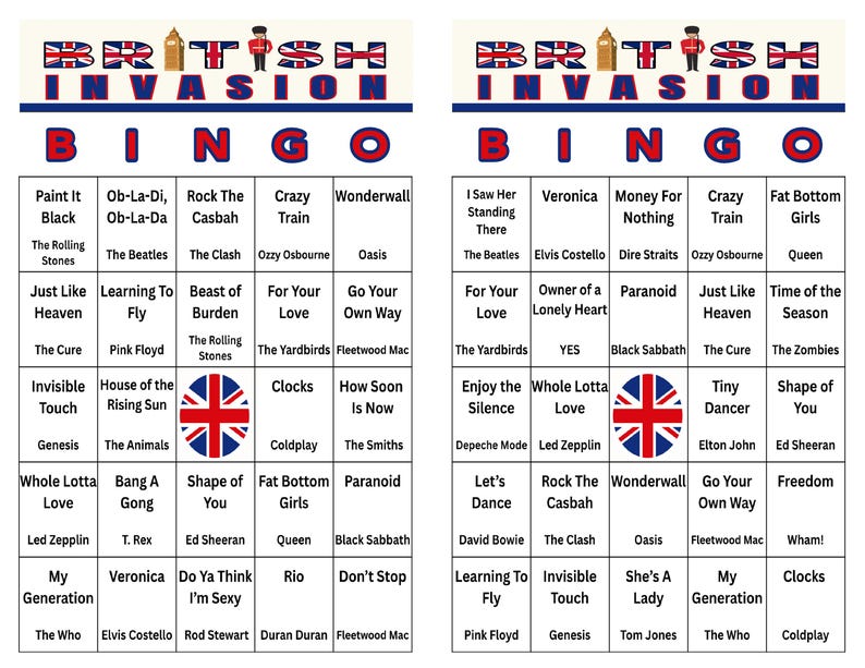 Puede incluir: Dos cartones de bingo de la Invasi&oacute;n Brit&aacute;nica con t&iacute;tulos de canciones y nombres de artistas. Las tarjetas presentan una combinaci&oacute;n de colores rojo, blanco y azul con las palabras "British Invasion" en la parte superior. La bandera de la Union Jack est&aacute; en el centro de cada tarjeta.