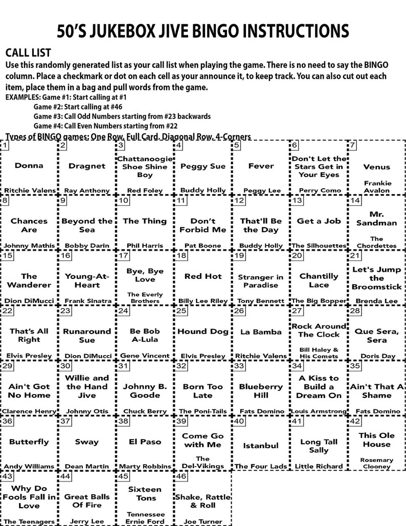 Puede incluir: Una tarjeta de juego de bingo de estilo vintage con una lista de llamadas e instrucciones. La tarjeta presenta una cuadr&iacute;cula de t&iacute;tulos de canciones de la d&eacute;cada de 1950, incluyendo "Peggy Sue" y "Hound Dog". El juego se titula "50's Jukebox Jive Bingo".