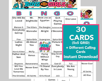 Boy & Girl Band Music Bingo, 90s 2000s 2010s Party Game, Music Bingo Game, Instant Download, Family Party Game, 30 Cards, Music Playlist