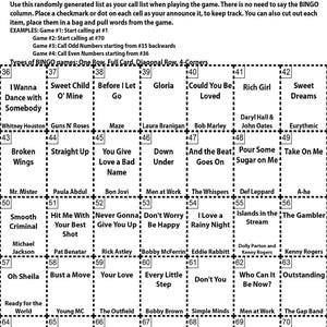 Puede incluir: Una tarjeta de bingo en blanco y negro con una lista de 70 canciones de la d&eacute;cada de 1980. La tarjeta est&aacute; dividida en una cuadr&iacute;cula de 5x5 con cada cuadrado que contiene un t&iacute;tulo de canci&oacute;n. El t&iacute;tulo "Vinyl Vibes Bingo Instructions" est&aacute; en la parte superior de la tarjeta.