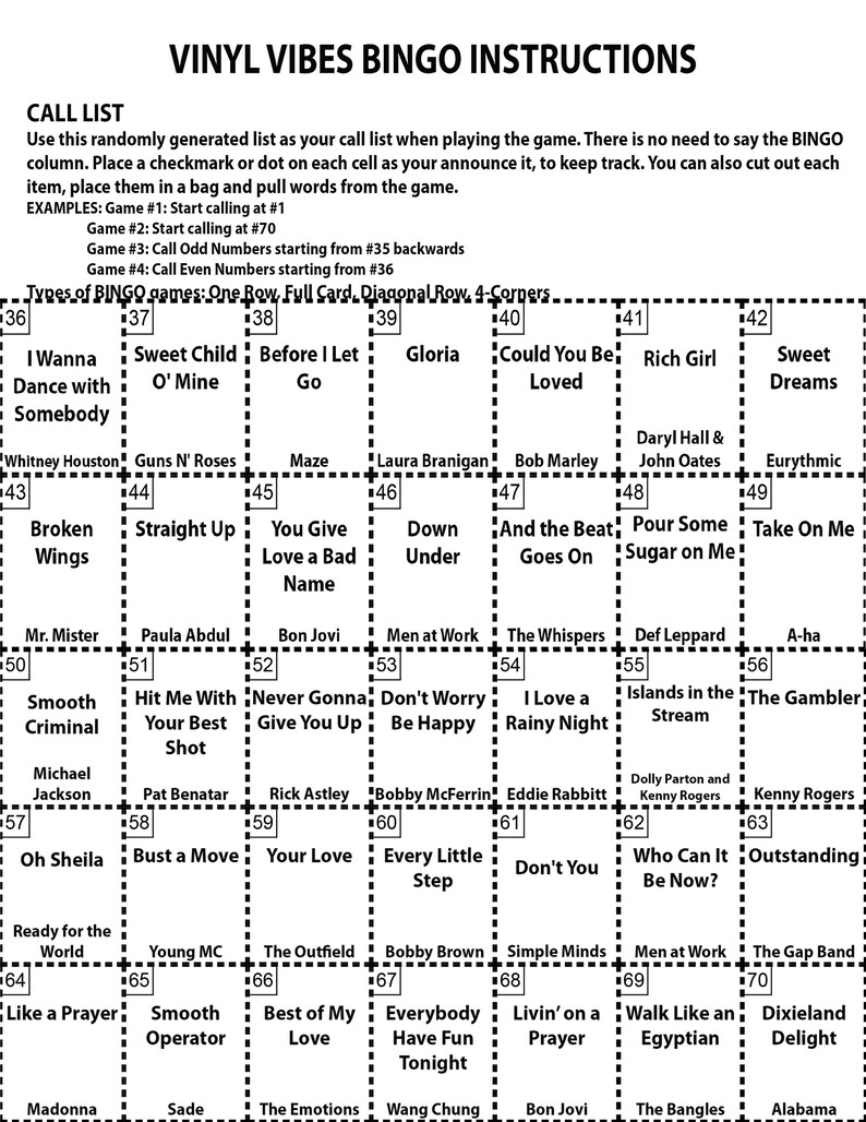 Puede incluir: Una tarjeta de bingo en blanco y negro con una lista de 70 canciones de la d&eacute;cada de 1980. La tarjeta est&aacute; dividida en una cuadr&iacute;cula de 5x5 con cada cuadrado que contiene un t&iacute;tulo de canci&oacute;n. El t&iacute;tulo "Vinyl Vibes Bingo Instructions" est&aacute; en la parte superior de la tarjeta.