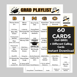 Graduation Song Bingo, Schwarz und Gold Graduation Singo, 60 verschiedene Karten, Rap, Alternative Hip Hop Musik, 47 verschiedene Lieder enthalten