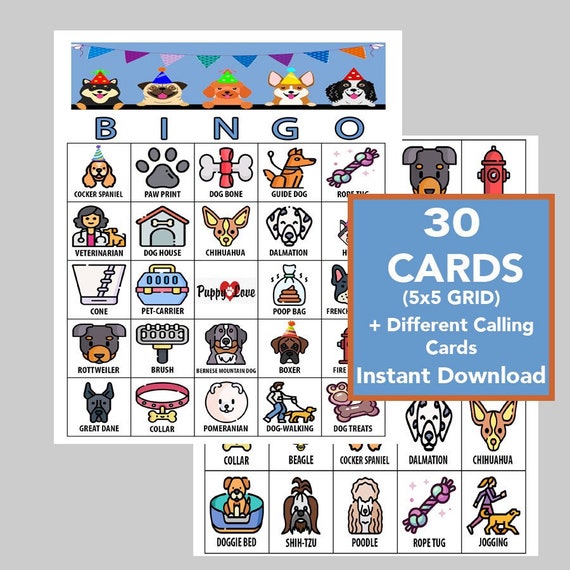 Puppy Bingo 30 cards Download Bingo Games Printable Games | Etsy