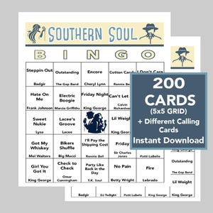 Anos 50, 60, 70, Southern Soul, Blues, Country, R&B, Gospel, Bingo musical, Download digital, 200 cartelas de bingo diferentes, playlist do Spotify