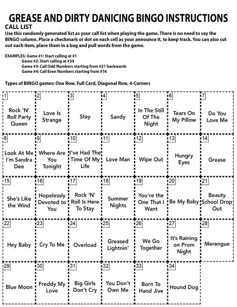 Puede incluir: Una tarjeta de bingo con tem&aacute;tica de Grease y Dirty Dancing con 34 casillas. Cada casilla contiene el t&iacute;tulo de una canci&oacute;n de la pel&iacute;cula Grease o Dirty Dancing. Las casillas est&aacute;n numeradas del 1 al 34.