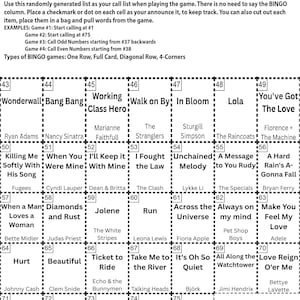 May include: A bingo card with a black and white design, titled "COVER SONGS VOL. 1 BINGO INSTRUCTIONS." The grid contains song titles and artist names, such as "Bang Bang" and "You've Got The Love."
