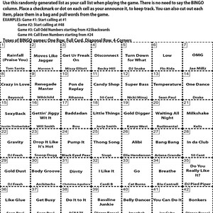 May include: A black and white bingo card with a list of popular songs. The card is divided into a 5x5 grid with each square containing a song title. The song titles are all related to the theme of "Bass Bangers".