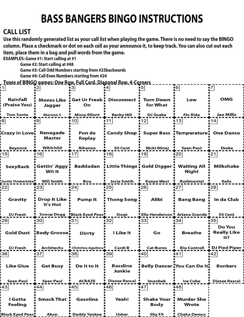 May include: A black and white bingo card with a list of popular songs. The card is divided into a 5x5 grid with each square containing a song title. The song titles are all related to the theme of "Bass Bangers".