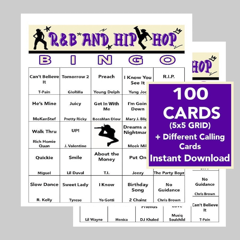 Pu&ograve; includere: Una scheda di bingo viola e nera con una griglia 5x5 che presenta artisti R&B e Hip Hop e titoli di canzoni. La scheda &egrave; intitolata "R&B and Hip Hop Bingo" e include il testo "100 schede (5x5 griglia) + Diverse schede di chiamata Download istantaneo".
