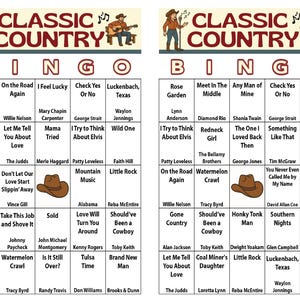 May include: Two Classic Country Bingo cards with song titles and artist names. The cards feature a cowboy and cowgirl graphic at the top. The game includes popular country music hits.