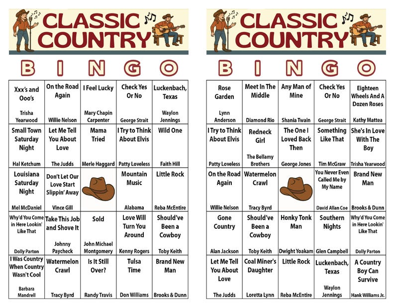 May include: Two Classic Country Bingo cards with song titles and artist names. The cards feature a cowboy and cowgirl graphic at the top. The game includes popular country music hits.