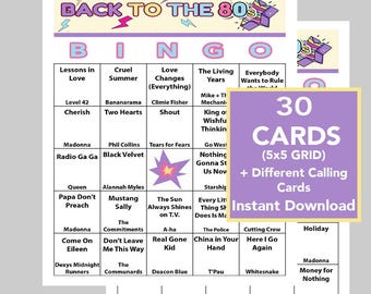 80's Music Hits, 80's Party, 80's Birthday Bingo, Digital Download, Printable, 30 Different cards, 50 songs, Spotify Playlist Included