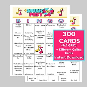 Jaren 60, 70, 80, 90, jaren 2000 Muziekbingo, Music Fest Celebration, Instant Digital Download, 300 verschillende kaarten, 70 nummers, Spotify-afspeellijst