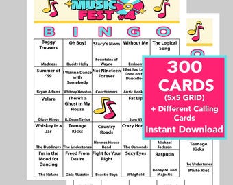 Bingo musical de los años 60, 70, 80, 90 y 2000, celebración de festivales musicales, descarga digital instantánea, 300 tarjetas diferentes, 70 canciones, lista de reproducción de Spotify