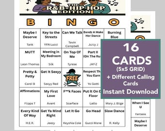 R&B Hip-Hop Music Bingo, 16 Cards, Party Game (Digital Download)