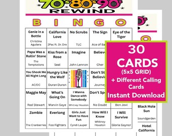 70er 80er 90er Musik Bingo Spiel, 30 Karten, Party Songs (Digitaler Download)