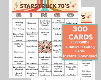 70's Music Hits, 70's Party, 70's Birthday, Instant Digital Download, Bingo Games, Printable Games, 300 Different Bingo cards, Spotify Link