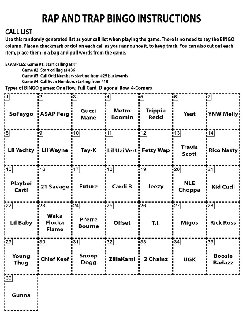 May include: A Rap and Trap Bingo game card with instructions. The card features a grid with names like Lil Wayne, Cardi B, and Snoop Dogg. The instructions explain how to play the game, including call lists and bingo game types.