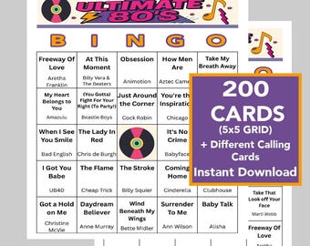 80's Music, Music Birthday Game, SINGO, Music Bingo, Instant Digital Download, 200 Different Bingo cards, Music Playlist Included