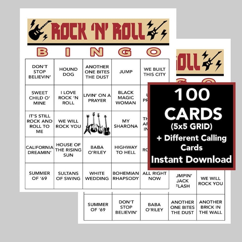 Op de afbeelding: Rock 'N' Roll Bingo kaarten met een 5x5 raster, met songtitels als "Sweet Child O' Mine" en "Bohemian Rhapsody". De set bevat 100 kaarten en verschillende belkaarten. Het ontwerp bevat een gitaar en de woorden "Instant Download".