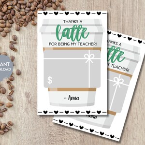 Modèle de porte-cartes cadeau café remerciement enseignant, carte-cadeau THANKS A LATTE, cadeau de remerciement pour enseignante de garderie, imprimable modifiable, bricolage