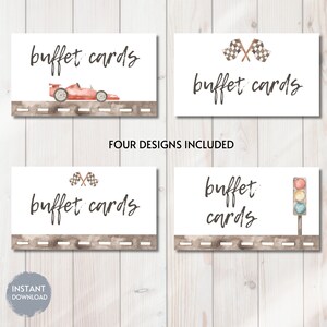 May include: Four printable buffet cards with a racing theme. The cards feature a red race car, checkered flags, and a traffic light. The text on the cards reads "buffet cards".