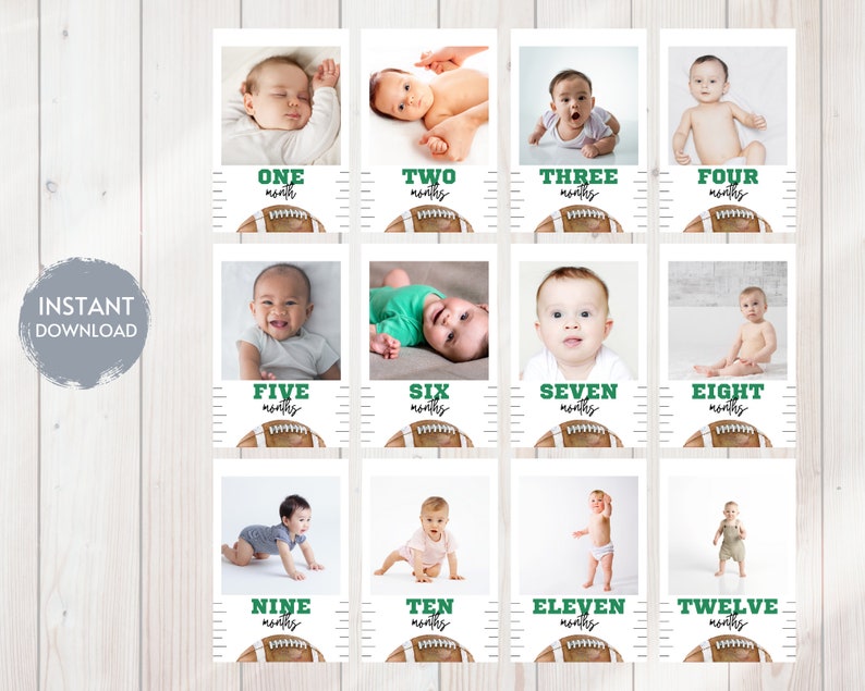 Puede incluir: Doce tarjetas imprimibles con un beb&eacute; en diferentes poses con un gr&aacute;fico de f&uacute;tbol y el n&uacute;mero de meses que tiene el beb&eacute;. Las tarjetas son blancas con acentos negros y verdes.