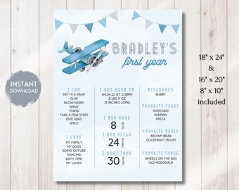 Puede incluir: Un letrero imprimible azul claro y blanco para el primer cumpleaños con una ilustración de avión en acuarela. El letrero incluye el texto "Bradley's first year" y enumera datos sobre el niño, incluida la altura de 76 cm.