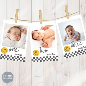 Banner de aniversário de um cara feliz, tema de rosto sorridente, aniversário retrô, 1º aniversário, modelo editável para impressão, download instantâneo, faça você mesmo