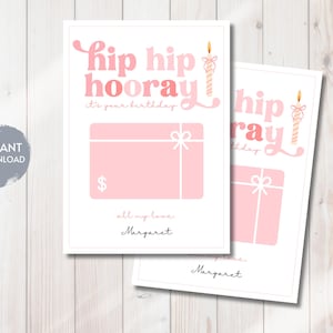 Porta-cartão de presente de feliz aniversário, Cartão-presente Hip Hip Hooray, Cartão-presente personalizado, Porta-cartão de presente para impressão, Editável, Faça você mesmo
