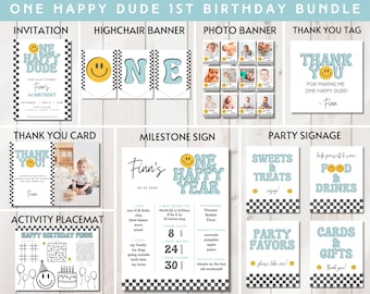 Paquete de cumpleaños "Un chico feliz", paquete de invitaciones "Un chico feliz", paquete de primer cumpleaños con caritas sonrientes retro, plantilla editable para descarga digital, hazlo tú mismo