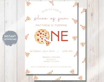 May include: A white invitation with a red and white pizza illustration. The invitation says "Join us for a slice of fun. Matthew is turning one. Saturday, July 29th | 12pm-3pm. Bruno's Bistro 123 Main St Warren, NJ 07059 RSVP to Margaret by July 15th at XXX.XXX.XXXX"