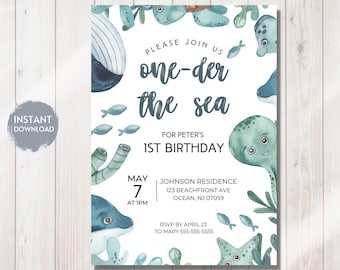 Under the Sea 1st Birthday Invitation, Ocean Animals (Digital Download)
