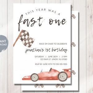 FAST ONE First Birthday Invitation, Race Car Invitation, Red Race Car Birthday, 1ST bday, Editable Digital Template, Instant Download, diy