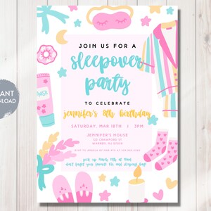 SLUMBER PARTY Birthday Invitation Template, Pastel Sleepover Party Invite, Any Age Kids Bday, Cute, Printable Editable Digital Download, DIY