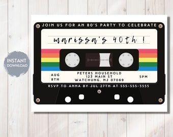 Retro Cassette Tape Birthday Invitation Template, 80s 90s Theme (Editable Instant Download)