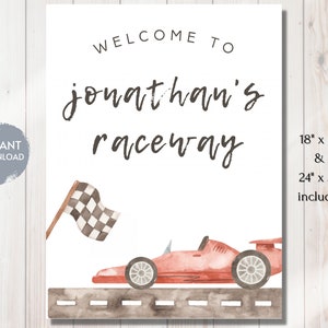 Red Race Car Birthday Party WELCOME SIGN, Editable Instant Download, Two Fast, Fast One, Need Four Speed, Printable Customizable, DIY