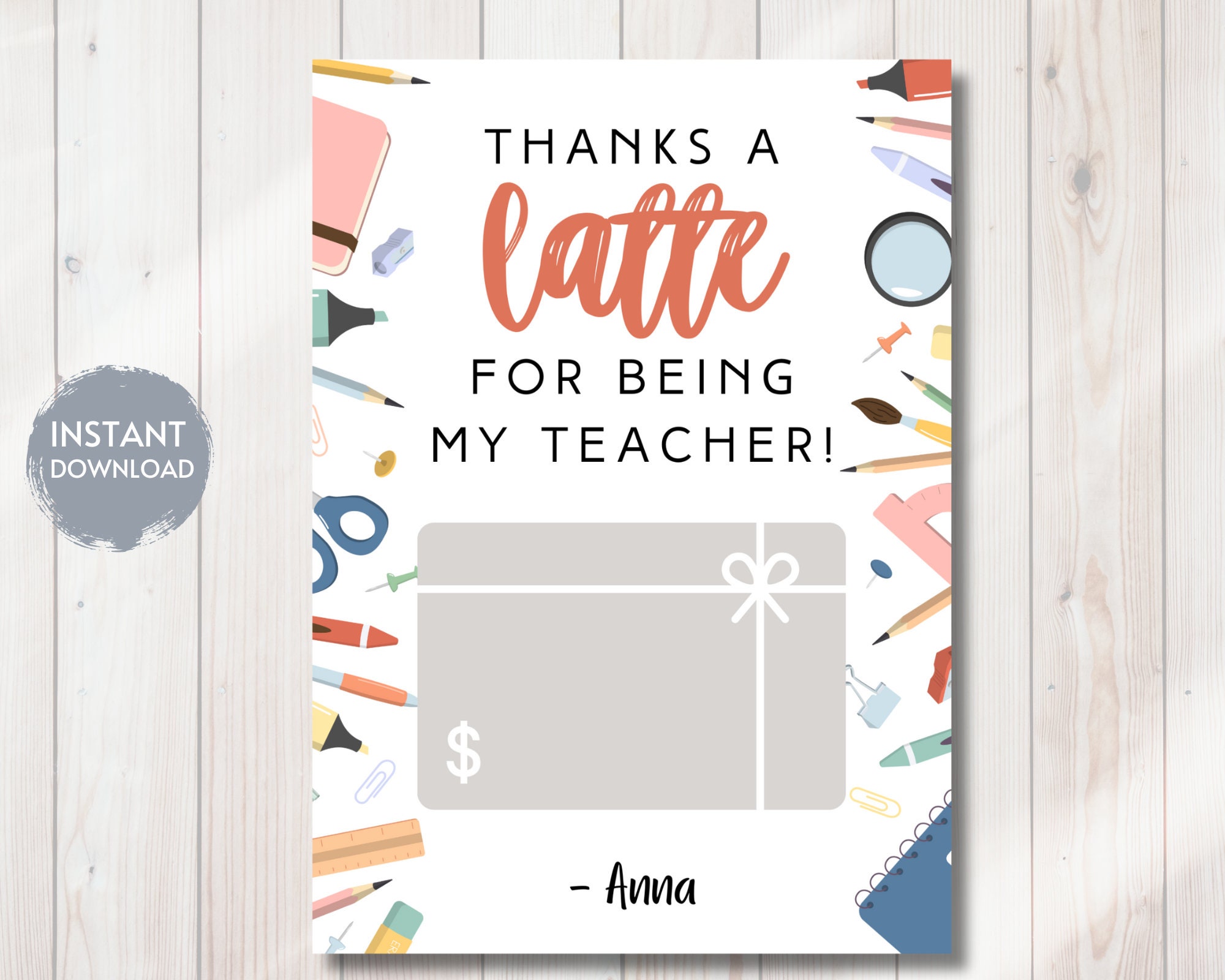 Teacher Appreciation Coffee Gift Card Holder Template, THANKS A LATTE ...
