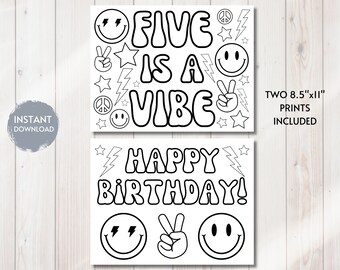 Målarbild med "Five is a Vibe", aktivitetsblad med bordsunderlägg med "Five is a Vibe", målarbild för barn, utskrivbar födelsedagsdekor, 28 x 21 cm