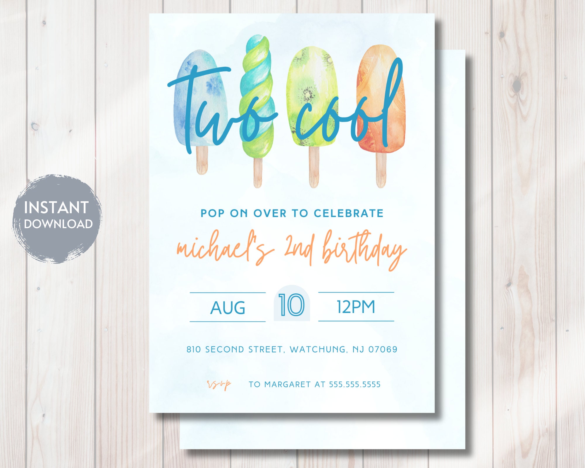 TWO COOL POPSICLE Birthday Invitation Ice Pop Second Bday Invite 2nd Bday Printable Editable Instant Digital Download