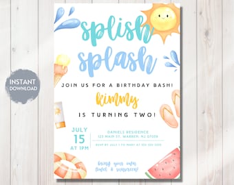 POOL PARTY Bday Invitation, Splish Splash It's A Birthday Bash Invite, Splash Pad Bday, Swimming Pool Party, Editable Digital Download, DIY