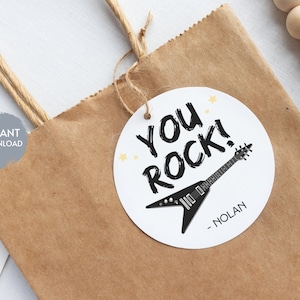 YOU ROCK Birthday Sticker Template, Guitar Thank You Sticker, One Rocks Favor Tag, Born Two Rock, Printable Editable Digital Download, diy