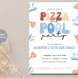 May include: A colorful invitation for a pizza and pool party to celebrate Harper's 10th birthday. The invitation features a blue, red, and yellow pizza and pool party text with blue water splashes and pizza slices in the background. The invitation includes the date, time, location, and RSVP information.