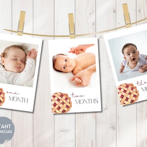 May include: Three white photo frames with a baby in each frame. The frames are decorated with a pie graphic and the text "one month", "two months", and "three months".