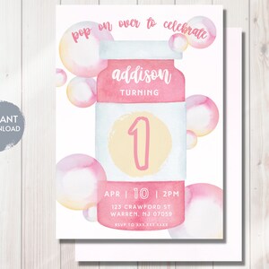 BUBBLES Geburtstagsfeier einladen, Pop on Over Bday einladen, Mädchen, jedes Alter Geburtstagsthema, Sommer Bday Evite, druckbare bearbeitbare Download