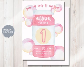 Invitación de cumpleaños con temática de burbujas, invitación sorpresa para cumpleaños, para niña, cualquier edad, temática de cumpleaños de verano, imprimible y editable.