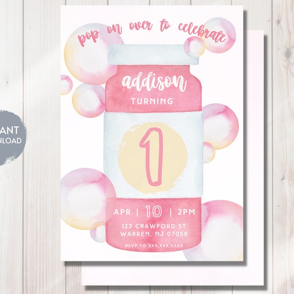 BUBBLES Birthday Party Invitation, Pop on Over Bday Invite, Girl, Any Age Birthday Theme, Summer Bday Evite, Printable Editable Download