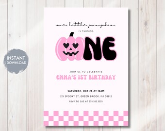 May include: Pink and black printable birthday invitation with a pink pumpkin with eyes and a black one. The text reads "our little pumpkin is turning one. Join us to celebrate Emma's 1st birthday. Saturday, Oct 26 at 10am. 215 Spooky St, Green Brook, NJ 08812. RSVP to Sue at 555.555.5555"